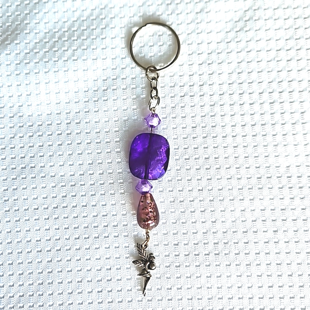 Hand Crafted Sparkling Fairy Charm Keychain with Purple-Toned Beads